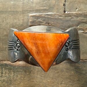 Vintage Native Navajo Orange Spiny Oyster Sterling Silver Cuff by Charlie Bowie
